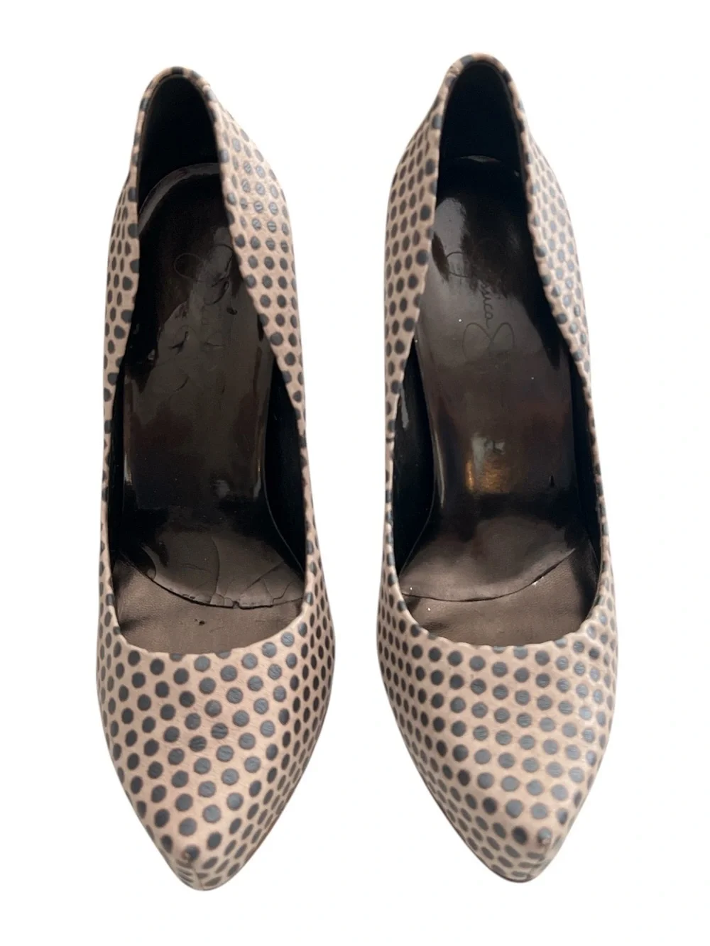 Jessica Simpson Polka Dot Platform Pumps Sz 8 Nude Black Leather Stiletto Pamela